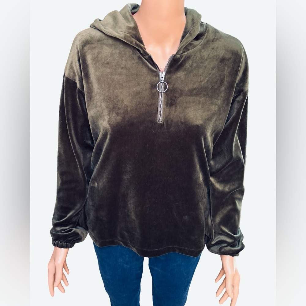 Paper Crane Olive Velour Hooded Half Zip Jacket Small